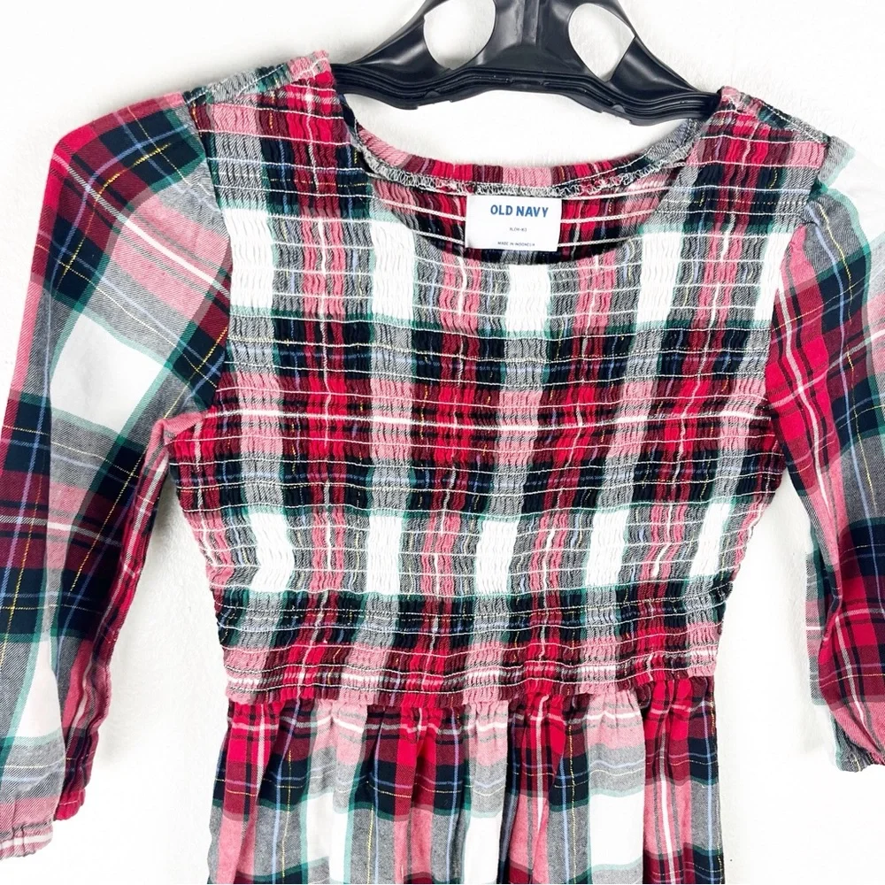 OLD NAVY Girls Plaid Smocked-Bodice Long Sleeves Dress, Size XL (14/16) Holiday